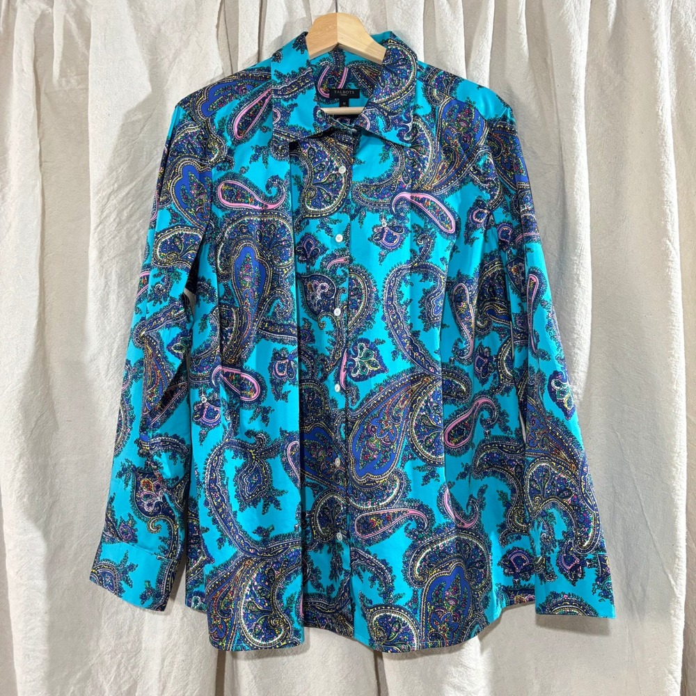 Talbots NWOT 1X Turquoise Blue Paisley Cotton Stretch Button Down Shirt Blouse - Picture 1 of 7